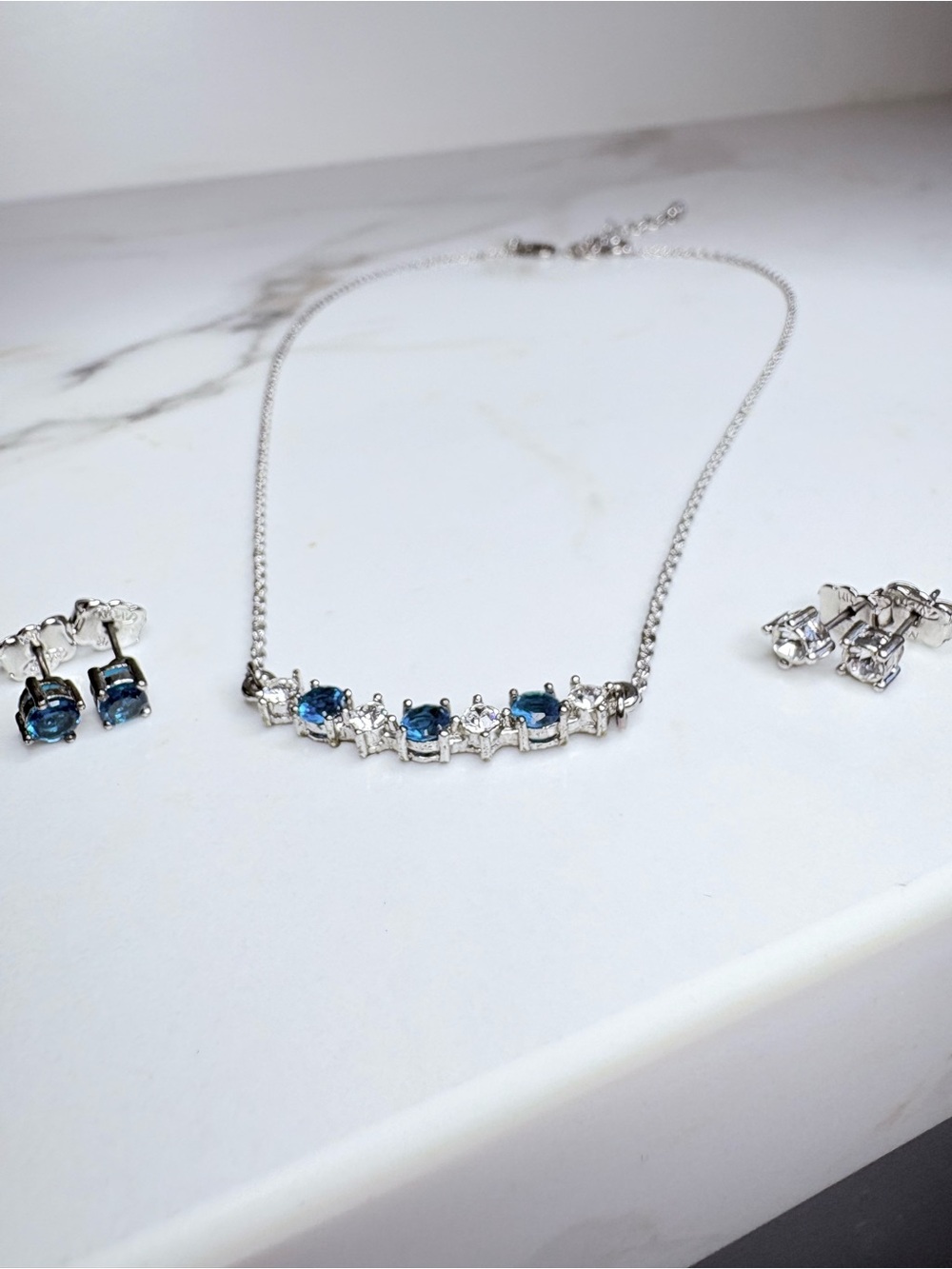 Y2K Avon Blue & Clear Rhinestone Frontal Necklace & Pairs of Stud Earrings NIB